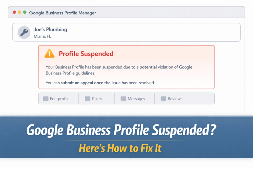 Google Business Profile dashboard showing a suspension notice