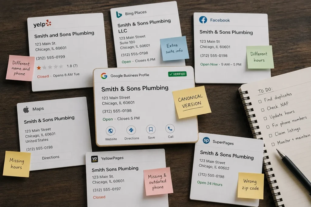 Business listing audit showing inconsistent company information across Google, Yelp, Bing, Apple Maps, and directory listings.