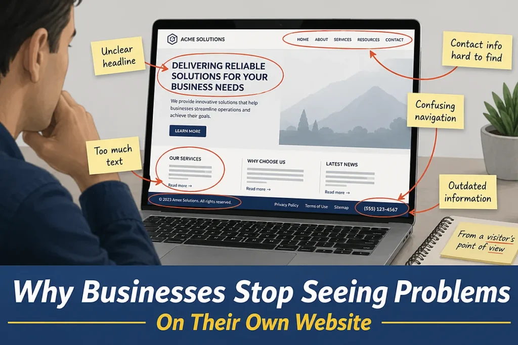 Business owner reviewing their website while overlooking problems visible to first-time visitors