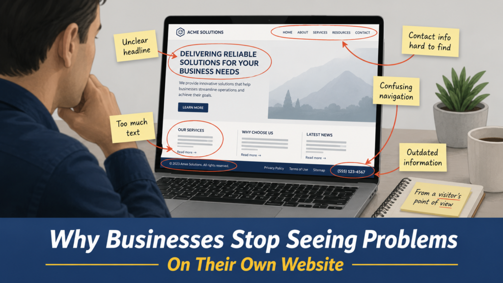 Business owner reviewing their website while overlooking problems visible to first-time visitors