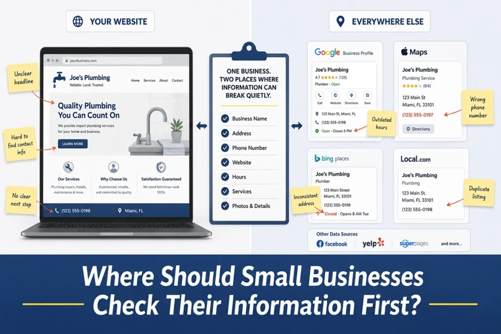 Split-screen illustration showing a small business website on one side, local listing cards on the other, and a checklist connecting both as places to check business information.