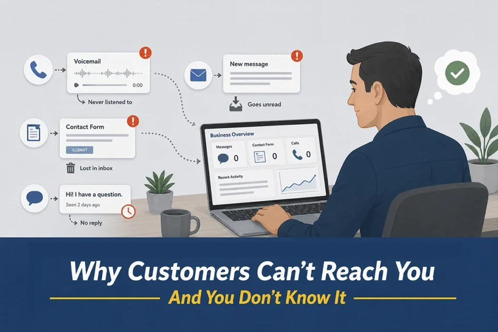 Voicemail, contact form, and message going unanswered while the business dashboard shows zero activity