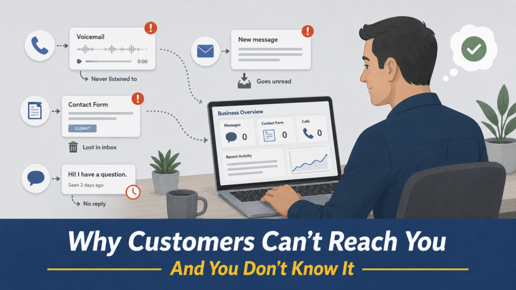 Voicemail, contact form, and message going unanswered while the business dashboard shows zero activity