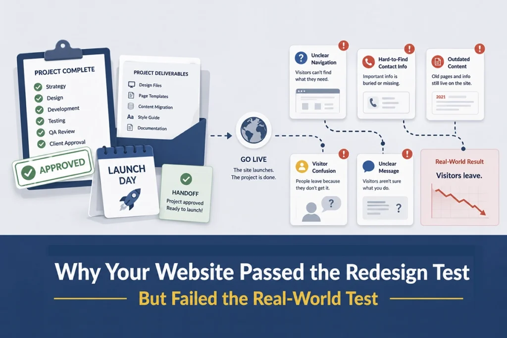 Business owner reviewing an approved website redesign while hidden clarity, navigation, and contact issues remain visible.