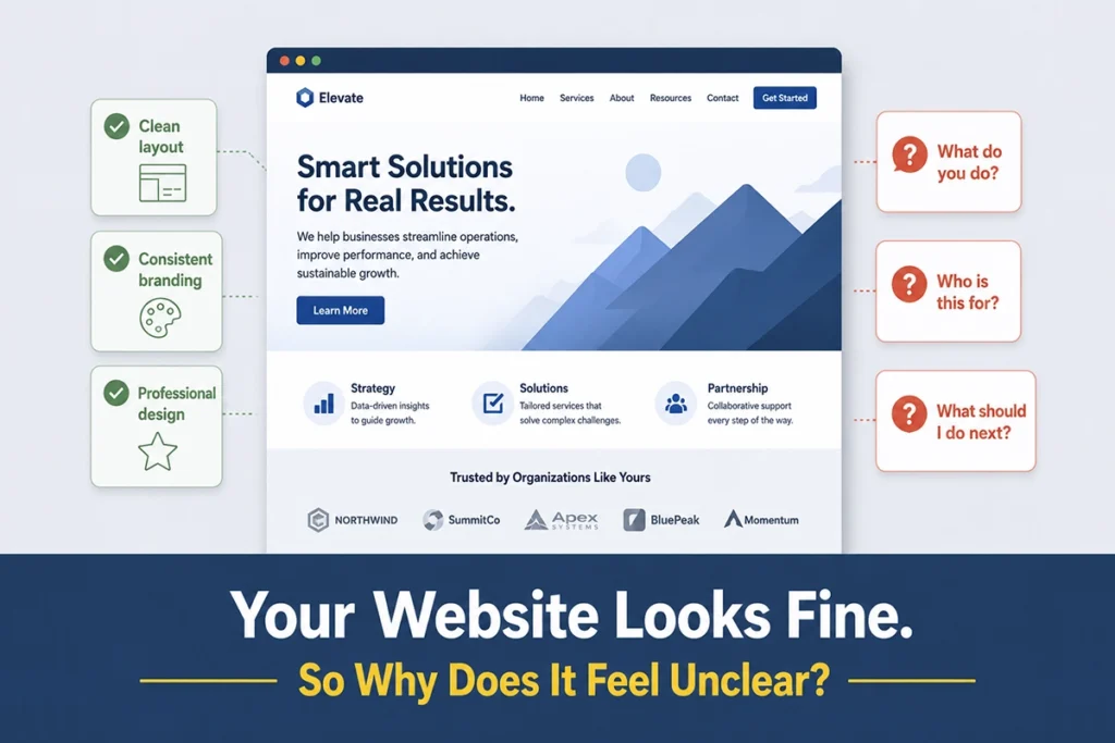 Polished website homepage contrasted with visitor questions about what the business does, who it serves, and what to do next.